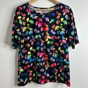 Svaha USA Womens Black Rainbow Ginkgo Leaf Print Organic Cotton T Shirt Size L